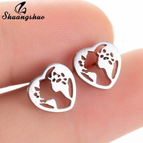 Shuangshuo Stainless Steel Heart World Map Earrings Fashion Cute Mini Earing for Women Ear Piercing Girls Tiny oorbellen