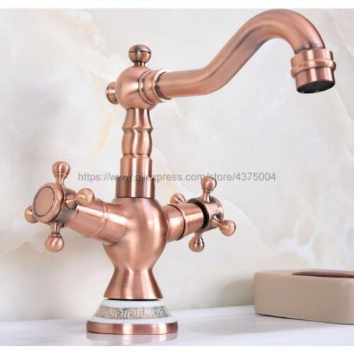 Modern Style Double Handle Kitchen Faucet Tap Antique Red Copper Hot and Cold Water Tap 360 Degree Rotating Nnf622