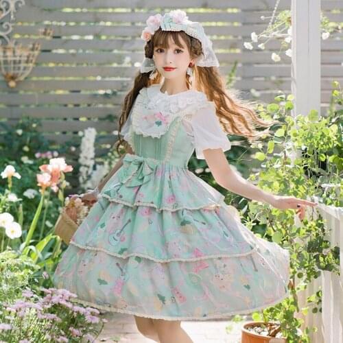 Light Green Lolita Bear Jsk Cute Anime Sweet Mori Girls Cosplay High Waist Cute Cake Style Sleeveless Lolita Fashion Tea Party