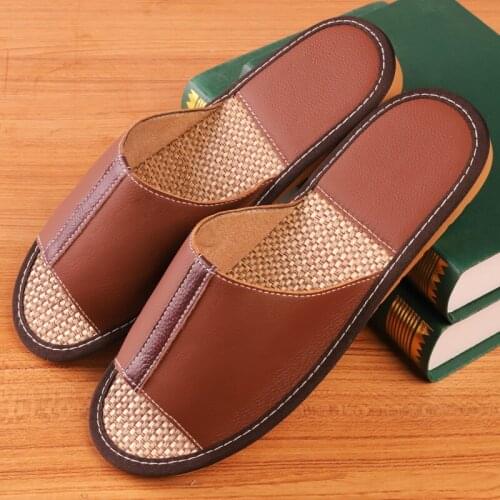 Mens Summer Genuine Leather Indoor Slippers Anti-Slip Soft Breathable Couples' Home Slippers Womens Casual Slippers