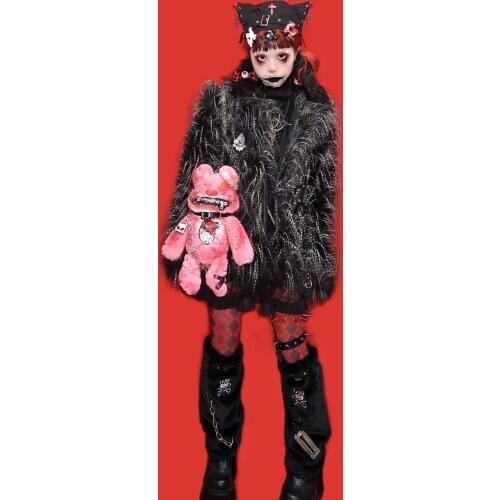 Winter Faux Fur Jacket Women Plush Tassels Coat Fashion Punk Gothic Casual Black Skull Jackets Outwear Oversize Coats
