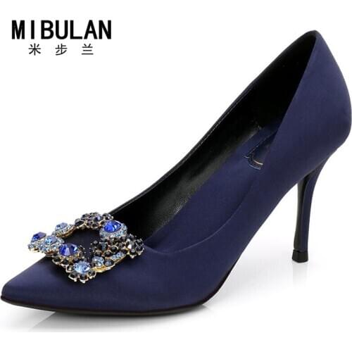 Free shipping 2018 fashon diamond buckler silk stain wedding pumps, womens 6cm 9cm sexy color diamond buckle party pumps, 33-41