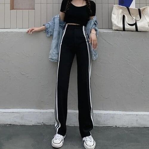2021 high waist leisure sports wide leg pants with versatile stripes and loose straight pants for women pantalones de mujer