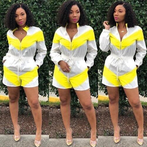 Women Jumpsuit Satin Shorts Tracksuit Contrast Color Patchwork Playsuit Romper Long Sleeve High Collar Turtle Neck Plus Size