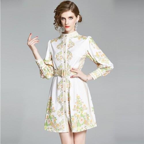 Woman summer long sleeve knee-lenght dress women elegant print dress and ladies dress O-Neck Vintage dress for women