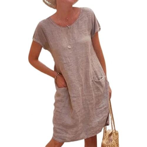 Women Dress Solid Color Loose Summer Short Sleeve Round Neck Dress Boho Casual Beach Dresses Female Street Plus Size Vestidos