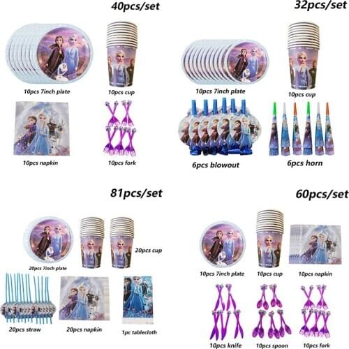 10/20pcs Disney Frozen 2 Princess Theme Disposable Tableware Set Plates Paper Cup Napkin Deco Birthday Girl Princess Baby Shower