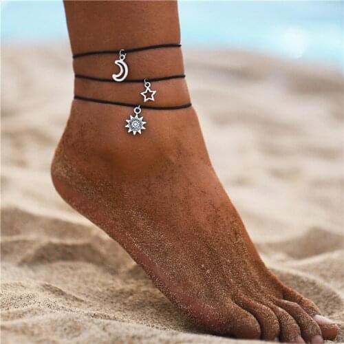 2021 Fashion Gold Multilayer Anklets Stars Moon Sun Pendant Anklet For Women Girls Vintage Foot Bracelet Beach Boho Jewelry