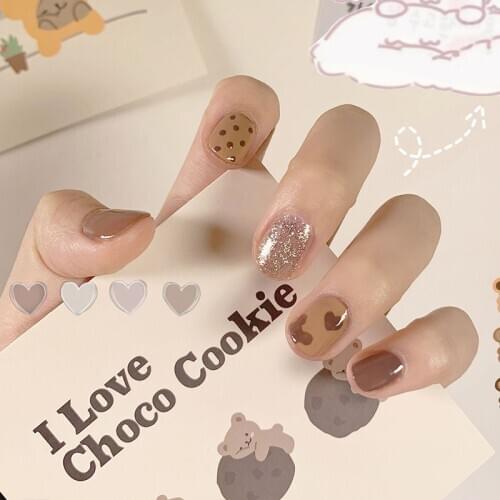 24pcs fake nails with glue designed Chocolate bear short size wear removable Manicure patch wearable full cover fake nail tips