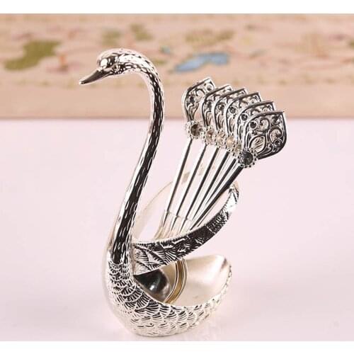7Pcs Fruit Fork Spoon Storage Set Swan Fruit Base Holder Spoon Set Salad Dessert Coffee Cake Tableware Kitchen Storage