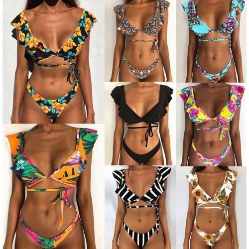 Floral Ruffle Bikini 2020 Sexy White Swimsuit Brazilian Swimwear Women Black Thong Bikinis Set Swimming for Women Bathing Suit