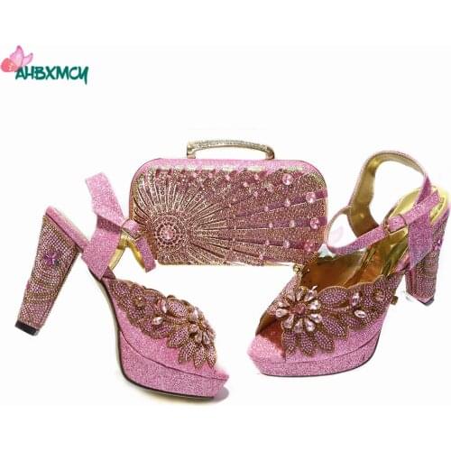 Pink Color Autumn New Design African Women Shoes and Bag to Match Peep Toe Sandals with Platform for Garden Party