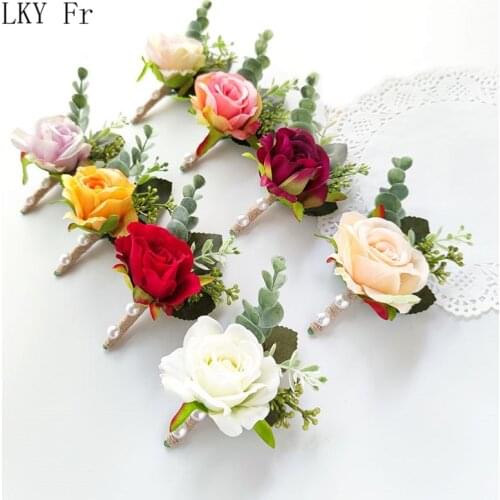 LKY Fr Boutonniere Pin Wedding Corsage Bracelet Bridal White Pink Roses Silk Flower Marriage Accessories Groom Buttonhole Brooch