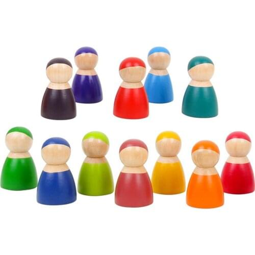 12Pcs/set Wooden Rainbow Grimms Stackers Rainbow Peg Dolls Colorful Wood Blocks Rainbow Pretend People Figures Doll