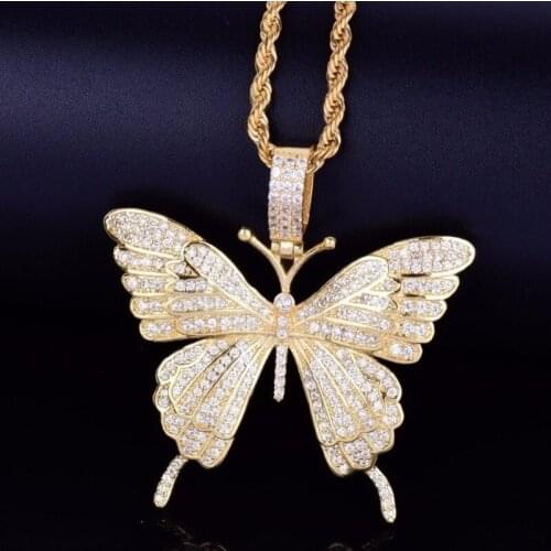 Exquisite Fashion Iced Out Gold Color Metal Butterfly Pendant Tennis Chain Necklace