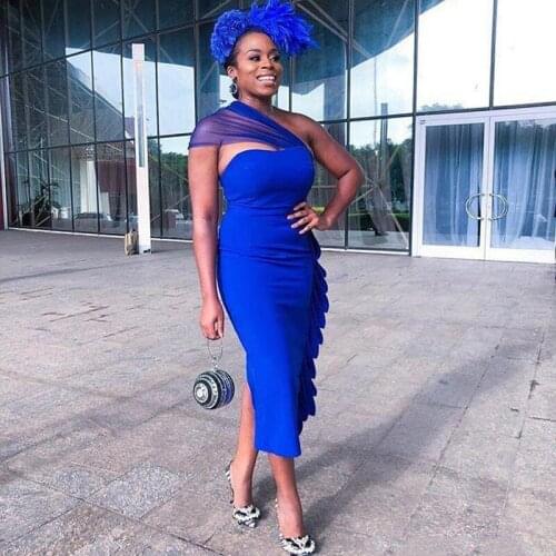 2020 Royal Blue Prom Dresses One Shoulder Sheath Tea Length Split Cocktail Dress Plus Size Party Wear Sexy African Dress