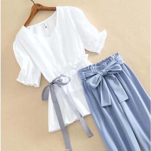 Autumn Pantsuit Oversize Flounce Tight Waist Lace-Up Sash Wide Leg Pants V-Neck Ruched White Tops Blouse Plus Size Womens Sets