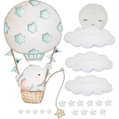 Cartoon Baby Elephant Wall Stickers for Kids Room Baby Nursery Room Decoration Hot Air Balloon Wall Decals Cloud Moon Stars PVC
