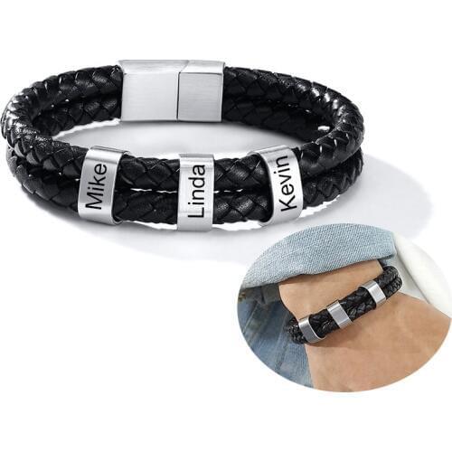 Mens Braid PU Leather Bracelet With Beads Personalized Engraved 2/3/4/5/6 Names Wristband Gift Jewelry Decoration