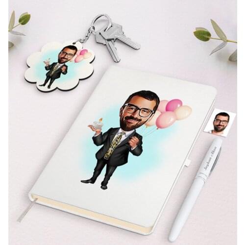 Personalized Boys Birthday Caricature Of White Notebook pen And Keychain Gift Seti-2 Reliable Quality Gift Everyday moment
