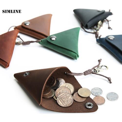 SIMLINE Genuine Leather Coin Purse Men Women Vintage Crazy Horse Cowhide Small Mini Storage Bag Pocket Holder Keychain Wallet
