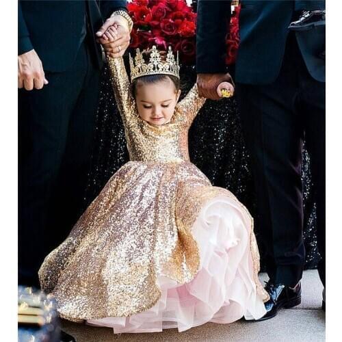 Modest Long Sleeves Gold Sequin Girl Pageant Dress Birthday Party