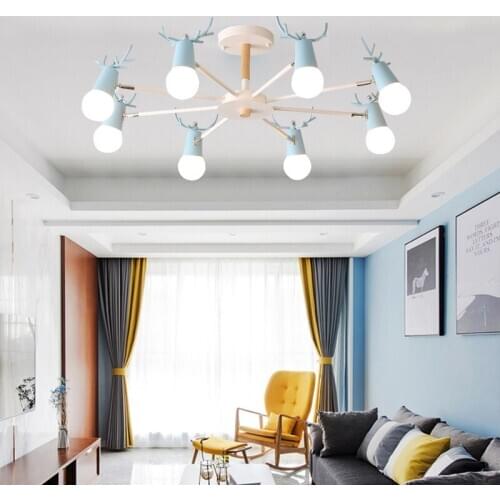 Nordic macaron antler chandelier simple post modern chandeliers bedroom dining room iron and wood deer head ceiling lamp WF