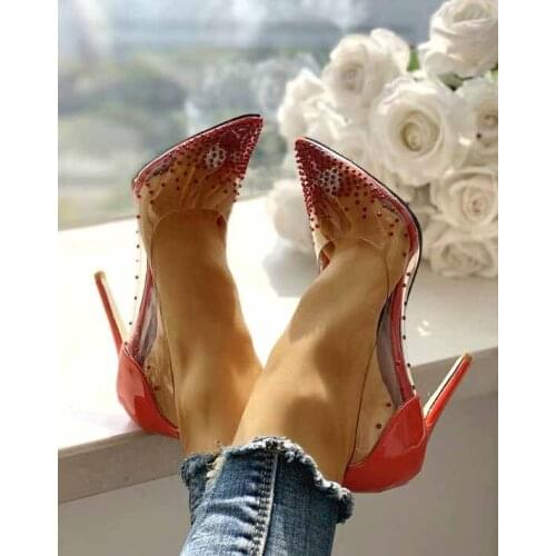 Sexy Red Rose Black Rhinestone Drilled PVC Party Pump Wedding Shoes Woman Thin High Heels Patchwork Transparent Dress Heels