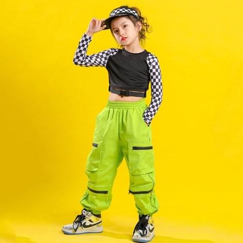 Girls Crop Top Hip Hop Checkered Cargo Pant Clothing Sets Kids Sweatshirt Street Dance Clothes Teens Jazz Costume Streetwear