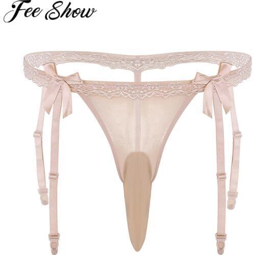 Closed/Open Penis Sheath Gay Men Underwear Lingerie Low Rise Ruffle Lace Bikini Briefs Sissy Panties Stretch Thong Gay Underwear