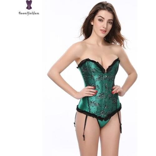 Green Womens Body Shapewear Slimming Waist Shaper Pleated Trim Boned Korset Overbust Corset Top With Suspenders 868