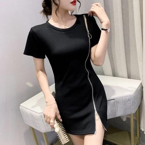 2021 summer new fashion O collar zipper Slim short Sleeve Tee dress Two ways to wear Women Fashion Casual Woman T Shirts