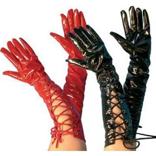 PUNK RAVE Womens Punk Metal Strap Handsome Gloves Stetch Lacquered Black PU Leather Sexy Women Long Gloves