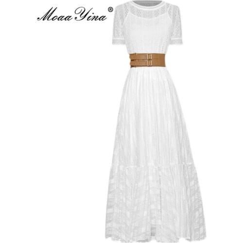 MoaaYina Fashion Designer Summer 2 Pieces white Skirts Set Womens Hollow out Short sleeve knitting Top＋white Long Skirt Suit