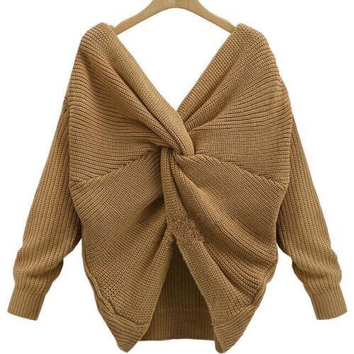 Wipalo 2018 New 5 colors V Neck Twisted Back Sweater Women Jumpers Pullovers Casual Tops Long Sleeve Knitted Sweaters pull femme