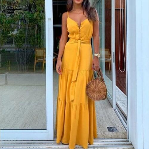 2021 Summer New Long Dress Pop Solid Color Button V-neck Sling Sleeveless Dress Women Beach Dress with Belt Femme Robe 12855