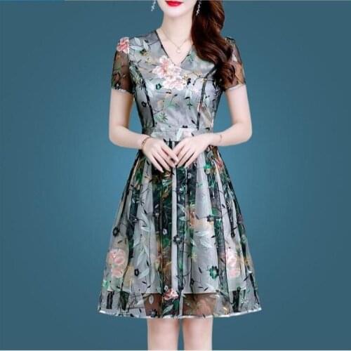 Elegant Fashion Dress New Summer Womens Short Sleeve Cover Belly Show Thin Floral Mesh Medium Length Cocktail Dresses 9160