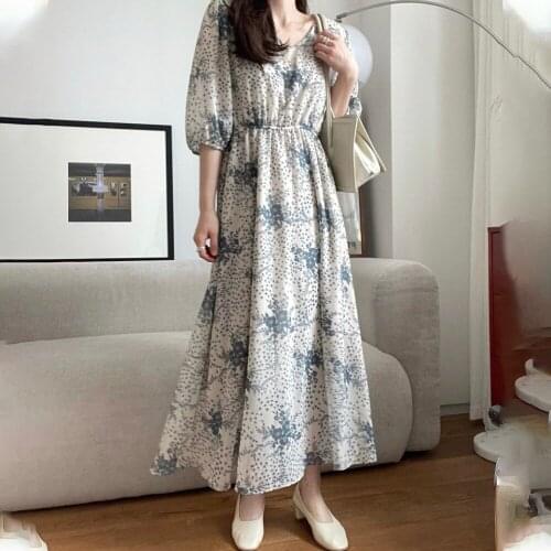 2021 Women Summer V Neck Long Floral Chiffon Dress Sashes Slim Waist Puff Sleeve A-line Pullover Maxi Sundress