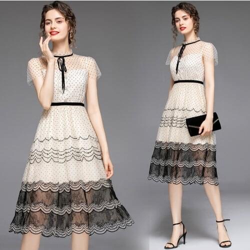 Summer Party Robe Femme Vintage Ribbon Bow Beading Lace Vestidos Women Elegant Patchwork Embroidery Dot Mesh Dress Festa 8616