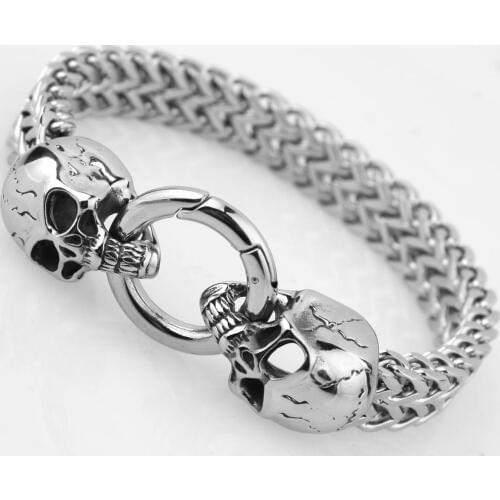12mm Rock Viking Vintage Skull Charm Bracelet Mens Stainless Steel 21cm Mesh Chain Skeleton Punk Bracelets Biker Jewelry