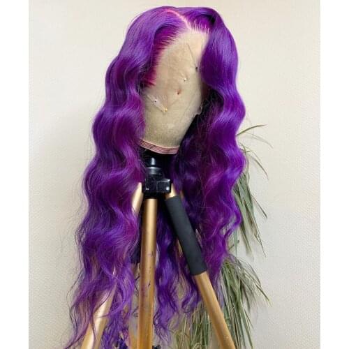 26 Inch Long Purple Body Wave Lace Front Wig For Women Human Remy Hair With Baby Hair Natural Hairline Brazilian 180% Density
