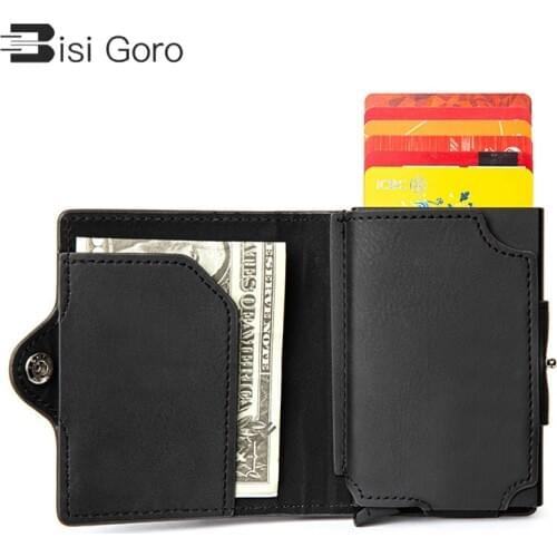 BISI GORO Button Smart Wallet Coin Zipper RFID Blocking 2021 PU Aluminum Business Credit Card Holder Purse Brown Black Cover