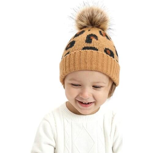 Baby Leopard Cap Knitting Hat Winter Warm Protective No-Brim Relaxed Breathable Round Plush Pom Balls for Infant Kids Child New