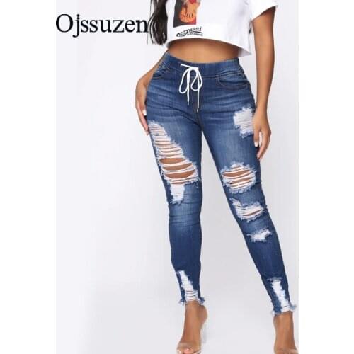 Elastic vintage skinny denim pants ripped jeans for women plus size female pencil jean mom hole pants