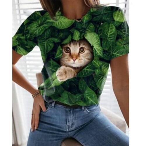 New animal cat 3D printed round neck T-shirt, fun short-sleeved top for ladies, summer pullover, retro style fashion casual clot