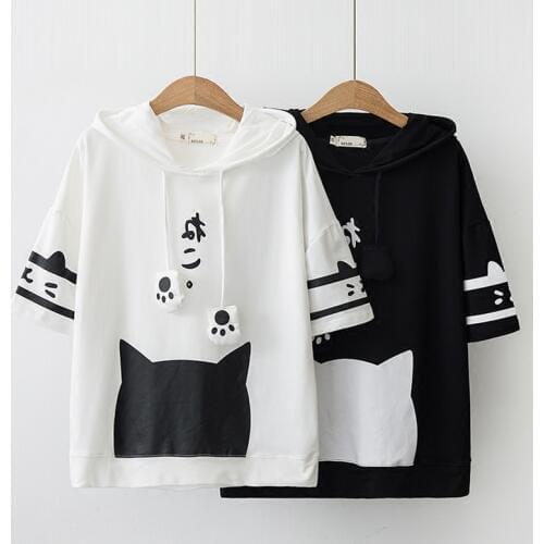 Japanese neko cat head Silhouette cute student summer shirt women Girlss kawaii Tees hooded white black Cat paw Tops Drawstring