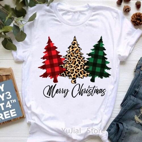 Leopard Merry Christmas Tree Graphic Print T-Shirt Women Clothing Harajuku Shirt Peace Love Beer/Santa Claus T Shirt Femme