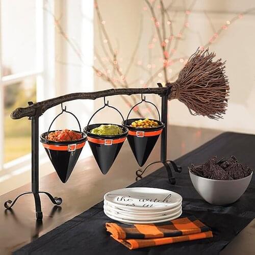 Halloween Witch Hat Snack Bowl Stand Home Party Witch Hat Snack Bowl Shelf Decoration Device Adorable Broomstick SnackBowl Stand