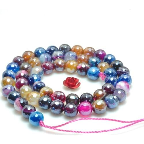 ICNWAY Color Striped Agate Natural Gemstone 6-8mm Beads Facted Round for Silver 925 Jewelry Necklace Earring 15inch