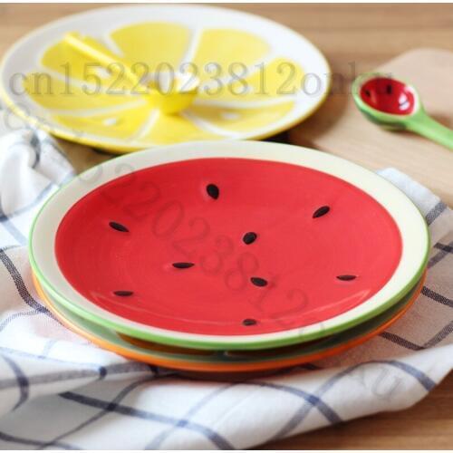 20cm Ceramic Fruit Print Plate Fruit Bowl Dish Plate Tableware Breakfast Tray Kitchen Home Supply'Watermelon Orange Lemon
